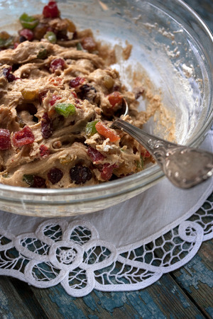 Dough for homemade muffins with dried fruitの写真素材