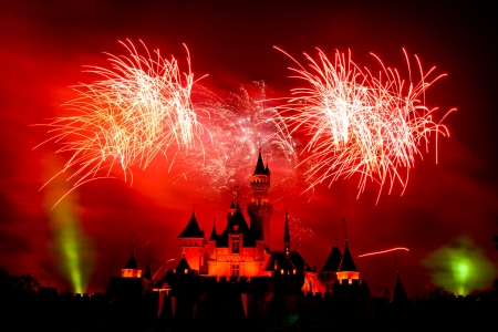 Fireworks in the night at Disneylandのeditorial素材