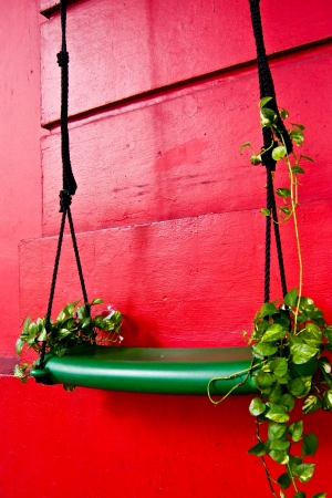 The green swing on the red wallの写真素材