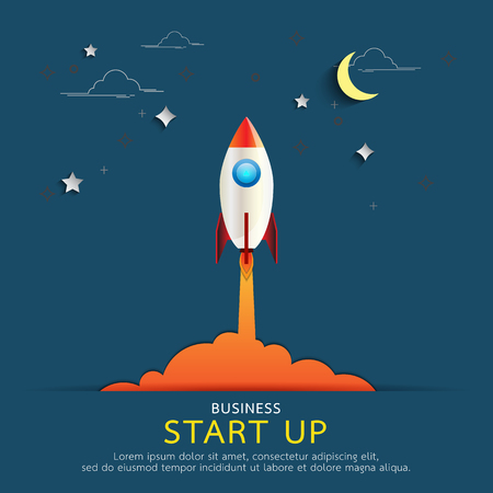 Business start up concept.Rocket style in flat line and paper art design.Vector illustration.のイラスト素材