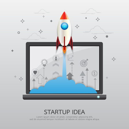 Start up business strategy concept.Rocket from laptop style in flat line and paper art design.Vector illustration.のイラスト素材