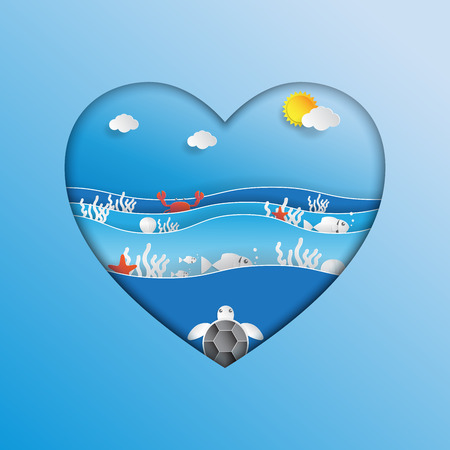 World oceans day concept design in heart shape with ecosystem and environment concept in paper art style.Vector illustration.のイラスト素材