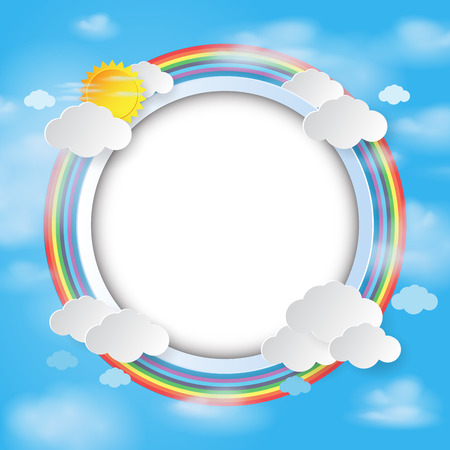 Round label on clound and sky background.Paper art style.Vector illustration.のイラスト素材