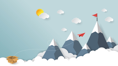 Red paper airplane out of the box to red flag on mountain paper art style.Business success concept vector illustration.のイラスト素材