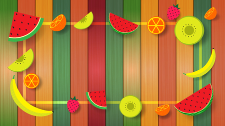 Tropical fruits with summer,spring sale banner on colorful wooden texture background.Vector illustration.のイラスト素材