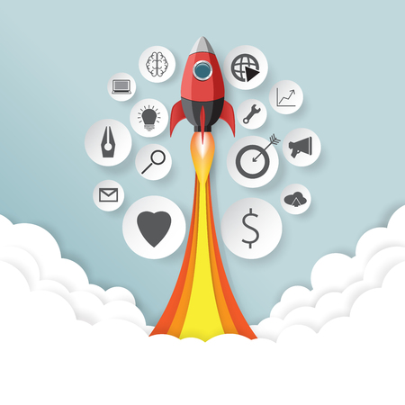 Rocket launch.With start up business concept paper art style.Vector illustration.のイラスト素材