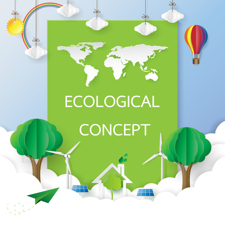 Environment conservation with eco and nature concept.Green card with paper art style.Vector illustration.のイラスト素材