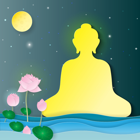 Sitting buddha,Lotus flowers and full moon on night background.With paper art style vector illustration.のイラスト素材