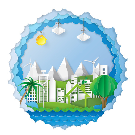 Green city landscape abstract background design template.Paper art style of nature and eco concept environment conservation.Vector illustration.のイラスト素材