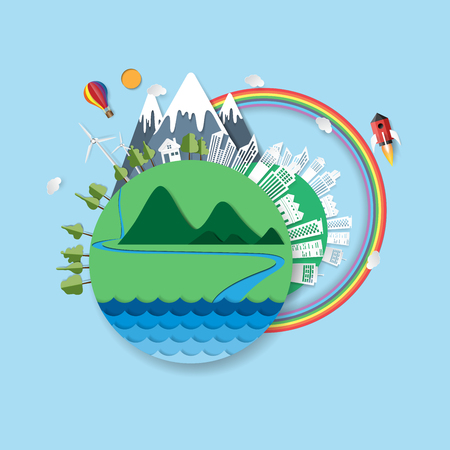 Eco friendly paper cut concept design.Green city and nature landscape environment conservation.Vector illustration.のイラスト素材