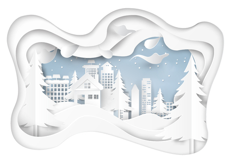 Snow and winter season abstract background with urban landscape for merry christmas and happy new year paper art style.Vector illustration.のイラスト素材