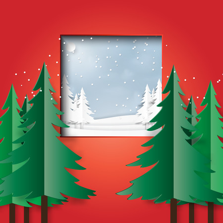 Snow and winter season landscape scene background from window in red room.Vector illustration.のイラスト素材
