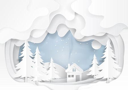 White house on snow winter background.For merry christmas and happy new year paper art style.Vector illustration.のイラスト素材