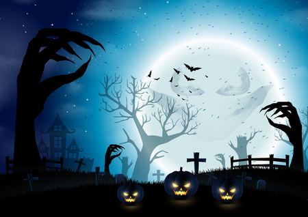 Halloween night background with dark trees of hands shape on full moon.Vector illustration.のイラスト素材