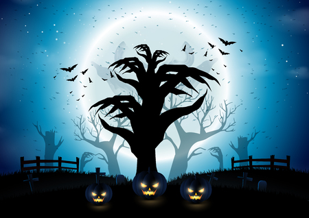 Halloween pumpkins night background with dark trees of hands shape on full moon.Vector illustration.のイラスト素材