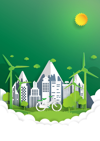 Nature landscape with green eco city and environment conservation concept paper art style.Vector illustration.のイラスト素材