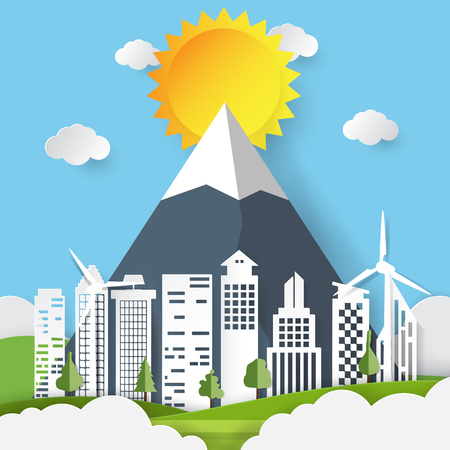 Green ecological city and renewable energy paper art style.Nature and environment conservation concept vector illustration.のイラスト素材