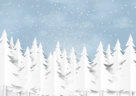 Pine forest on winter season paper art background.For merry christmas and happy new year paper art style.Vector illustration.のイラスト素材