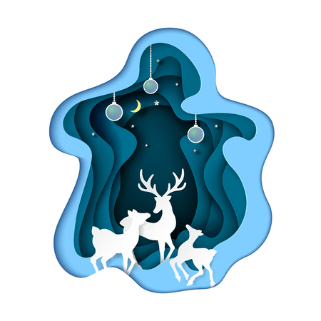 Deers family with blue abstract paper art background.For merry christmas and happy new year.Vector illustration.のイラスト素材