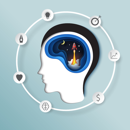 Paper carve of human brain.Thinking business start up strategy creative idea concept paper art style.Vector illustration.のイラスト素材