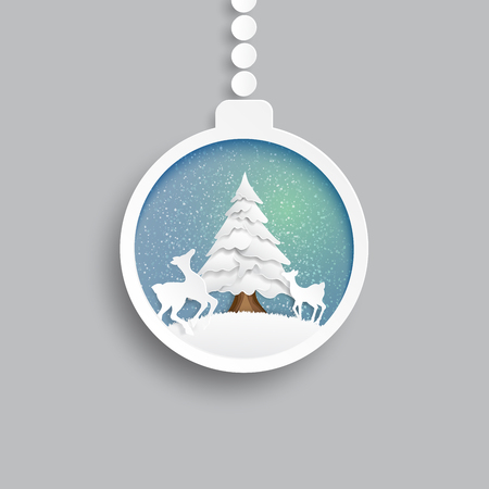 Deers and christmas tree in christmas ball on winter season background.For merry christmas and happy new year paper art style.Vector illustration.のイラスト素材