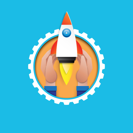 Hand holding rocket ship icon.Business protection for business start up concept.Paper art style vector illustration.のイラスト素材