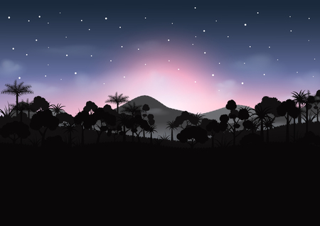 Silhouette forest on beautiful night abstract background. Nature and environment conservation concept flat design.のイラスト素材