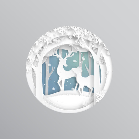 Deers couple on snow and winter season background.For merry christmas and happy new year paper art style.Vector illustration.のイラスト素材