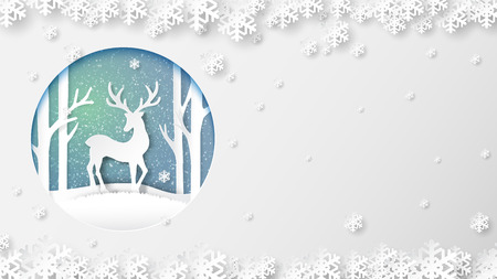 Deer on snow and winter season landscape background with copy space for place the text.For merry Christmas and Happy New Year paper art style.のイラスト素材