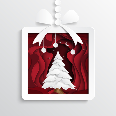 Paper gift box with christmas tree on red paper art background.For merry christmas and happy new year.Vector illustration.のイラスト素材