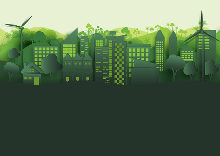 Green city landscape and forest abstract background.Nature and environment conservation concept paper art style design.Vector illustration.のイラスト素材