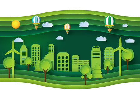 Green eco friendly city and save energy concept design.Nature landscape and environment conservation paper art style.Vector illustration.のイラスト素材