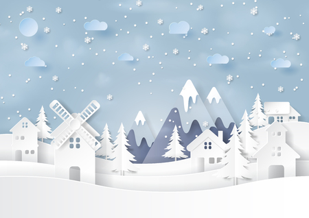 Urban countryside landscape on snow and winter season background paper art style for merry christmas and happy new year Vector illustration.のイラスト素材