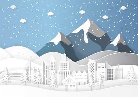 Urban cityscape on snow and winter season background.Paper art style of nature and environment conservation concept design.Vector illustration.のイラスト素材