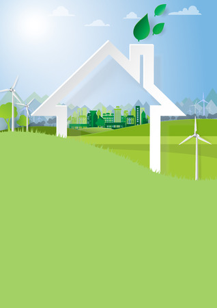 Nature landscape with green city abstract background paper art style.Save the world and environment conservation concept.Vector illustration.のイラスト素材