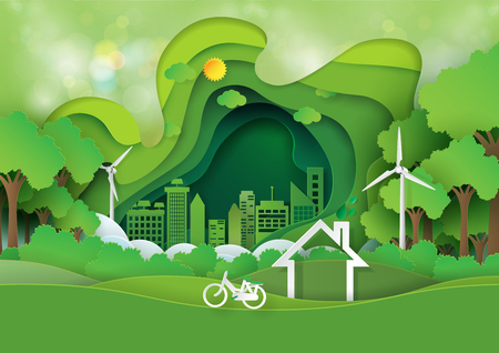 Green abstract background design template.Paper art style nature and eco concept environment conservation.Vector illustration.のイラスト素材