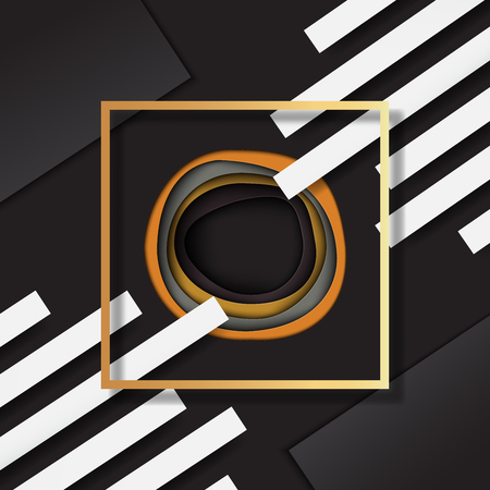 Golden square frame with abstract round paper cut layers business card template background.Vector illustration.のイラスト素材