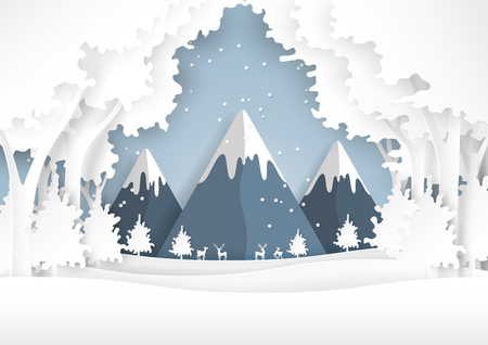 Nature landscape of forest and deers family on snow winter background.For merry christmas and happy new year paper art style.Vector illustration.のイラスト素材