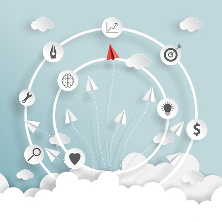 A paper airplanes on blue sky and clouds of business strategy creative idea concept paper art style.Vector illustration.のイラスト素材