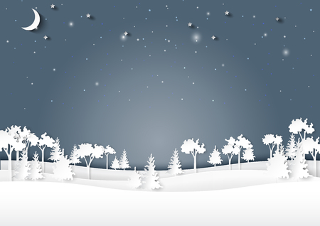 Nature landscape of night forest on snow winter background.For merry christmas and happy new year paper art style.Vector illustration.のイラスト素材