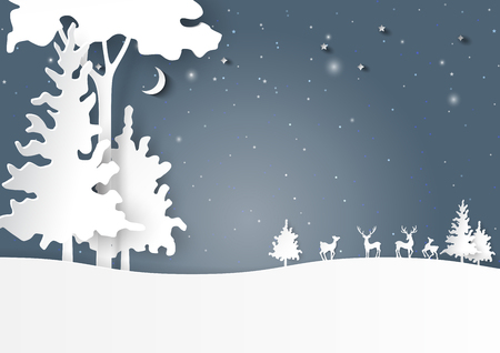Nature landscape of night forest and deers family on snow winter background.For merry christmas and happy new year paper art style.Vector illustration.のイラスト素材