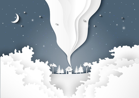 White house and nature landscape of night forest on snow winter background.For merry christmas and happy new year paper art style.Vector illustration.のイラスト素材