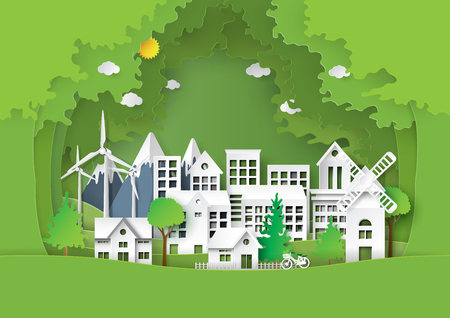 Nature landscape of forest and green eco friendly cityscape.For environment conservation creative idea concept design paper art style.Vector illustration.のイラスト素材
