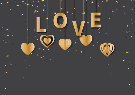 Happy valentine's day greeting card with golden love text and hearts hanging on gold confetti and black background.Vector illustration.のイラスト素材