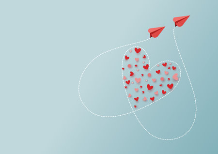 Paper art style of valentine's day greeting card and love concept.Couple of red airplanes flying...