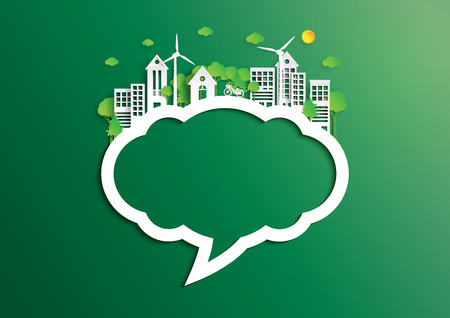 Nature landscape background of paper art style.Speech bubble of green eco friendly city and renewable energy of environment conservation concept.Vector illustration.のイラスト素材