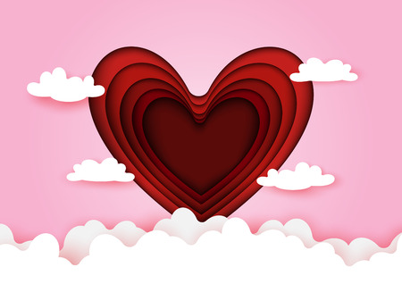 Red abstract paper carving heart with clouds on pink background.Paper art style of valentine's day greeting card and love concept.Vector illustration.のイラスト素材