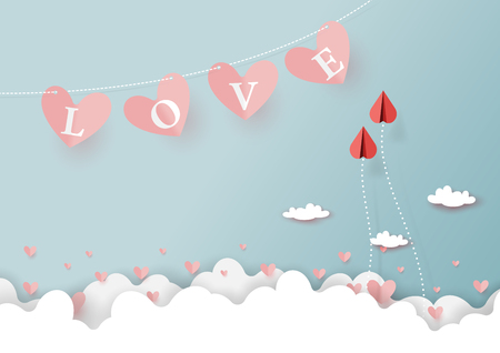 Paper art style of valentine's day greeting card and love concept.Couple of red airplanes flying together on blue sky with love text on heart shape.Vector illustration.のイラスト素材