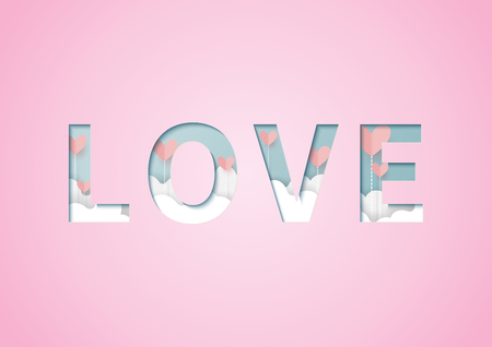 Abstract paper carving of love text with clouds and origami hearts.Paper art style of valentine's day greeting card and love concept.Vector illustration.のイラスト素材