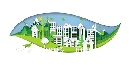 Green eco city and environment conservation concept design with leaf shape of paper art style.Vector illustration.のイラスト素材